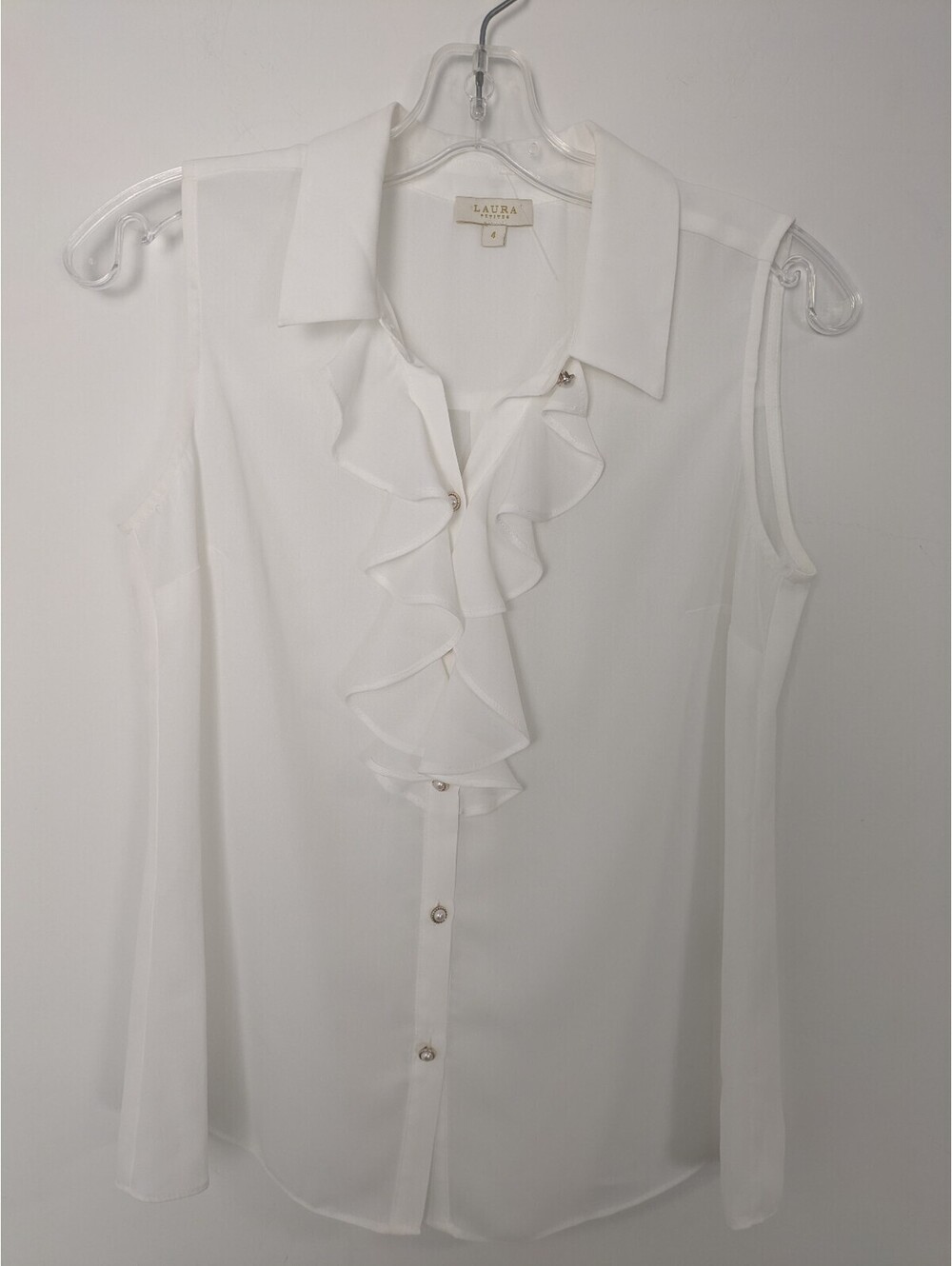 Laura Petites White Ruffle Front Sleeveless Blouse Button Down Top Size 4